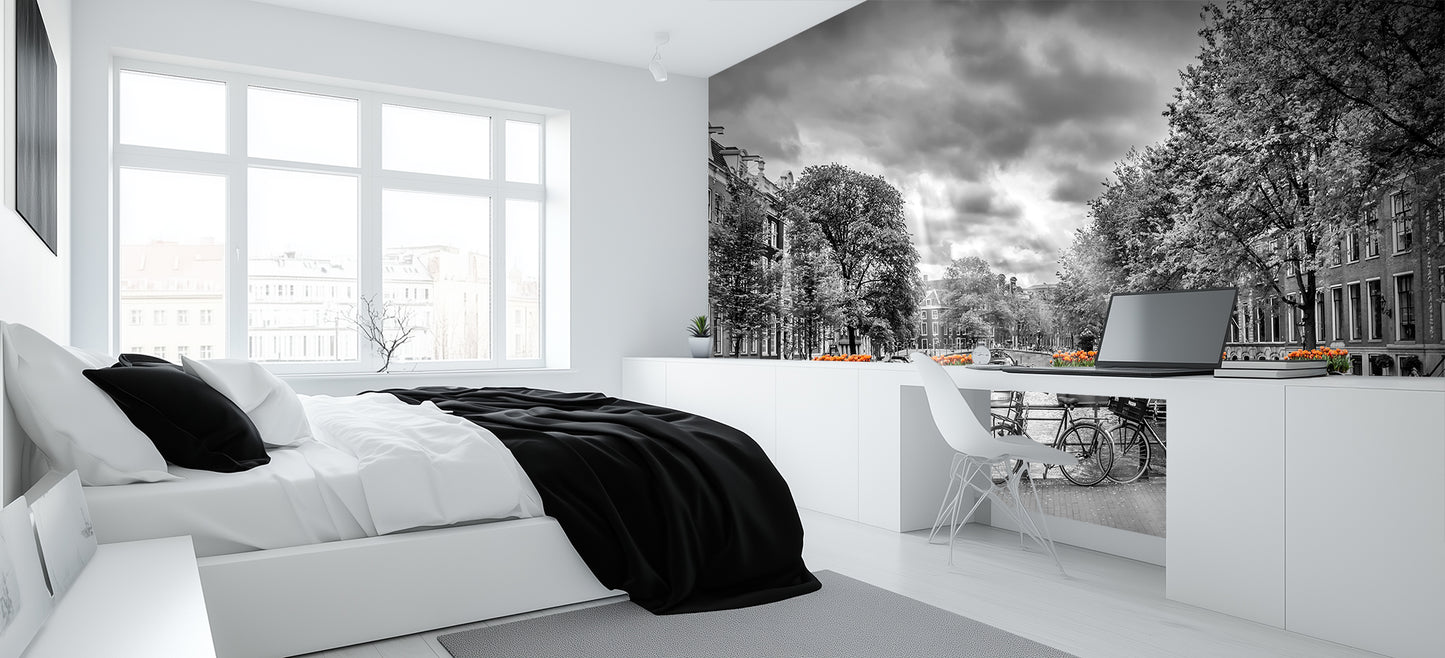 Monochrome Canal Orange Tulips wallpaper mural - XWALLX
