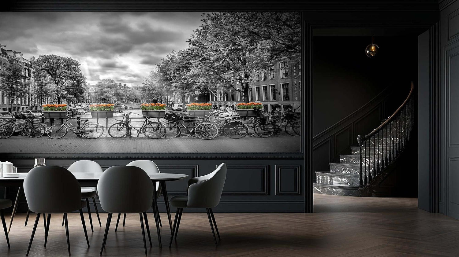 Monochrome Canal Orange Tulips wallpaper - XWALLX