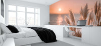 Warm Golden hour serenity pampas grass wallpaper mural for a soft boho bedroom wall