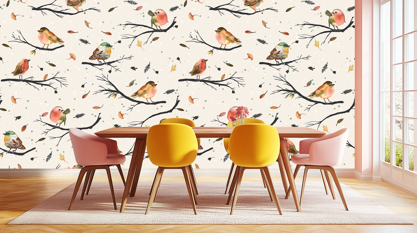 Watercolor Robins Branch wallpaper mural - XWALLX