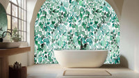 Turquoise Aqua Botanical Leaf teal wallpaper mural for a fresh bathroom wall