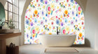 Bright watercolor starburst wallpaper mural with celebratory color bursts
