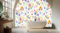 Bright watercolor starburst wallpaper mural with celebratory color bursts