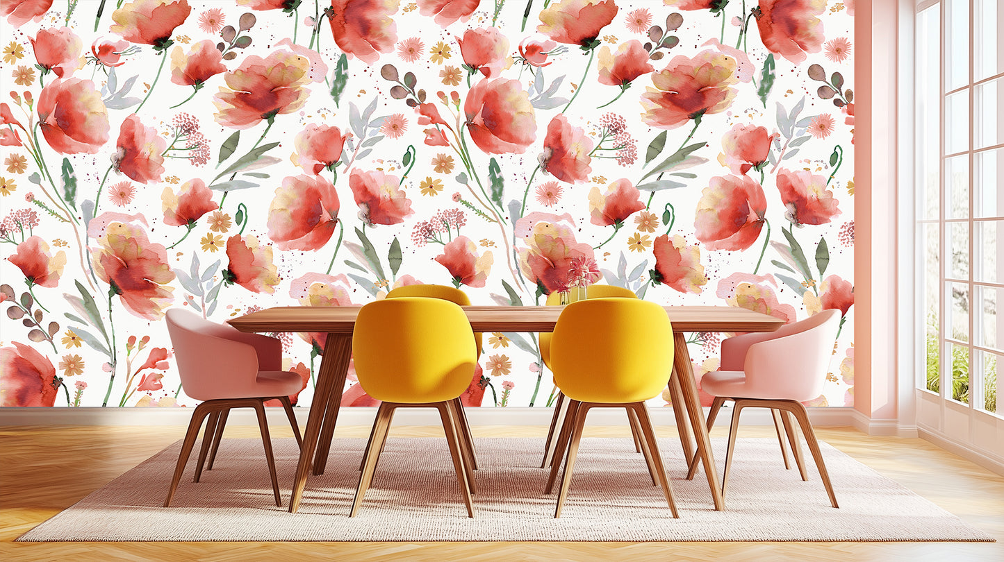 Watercolor Poppy Bloom wallpaper mural - XWALLX