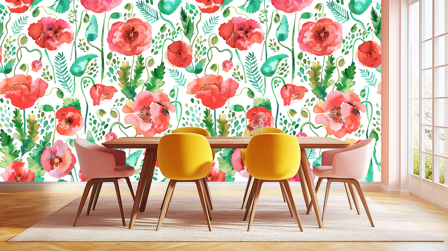 Joyful Poppies Watercolor wallpaper mural - XWALLX