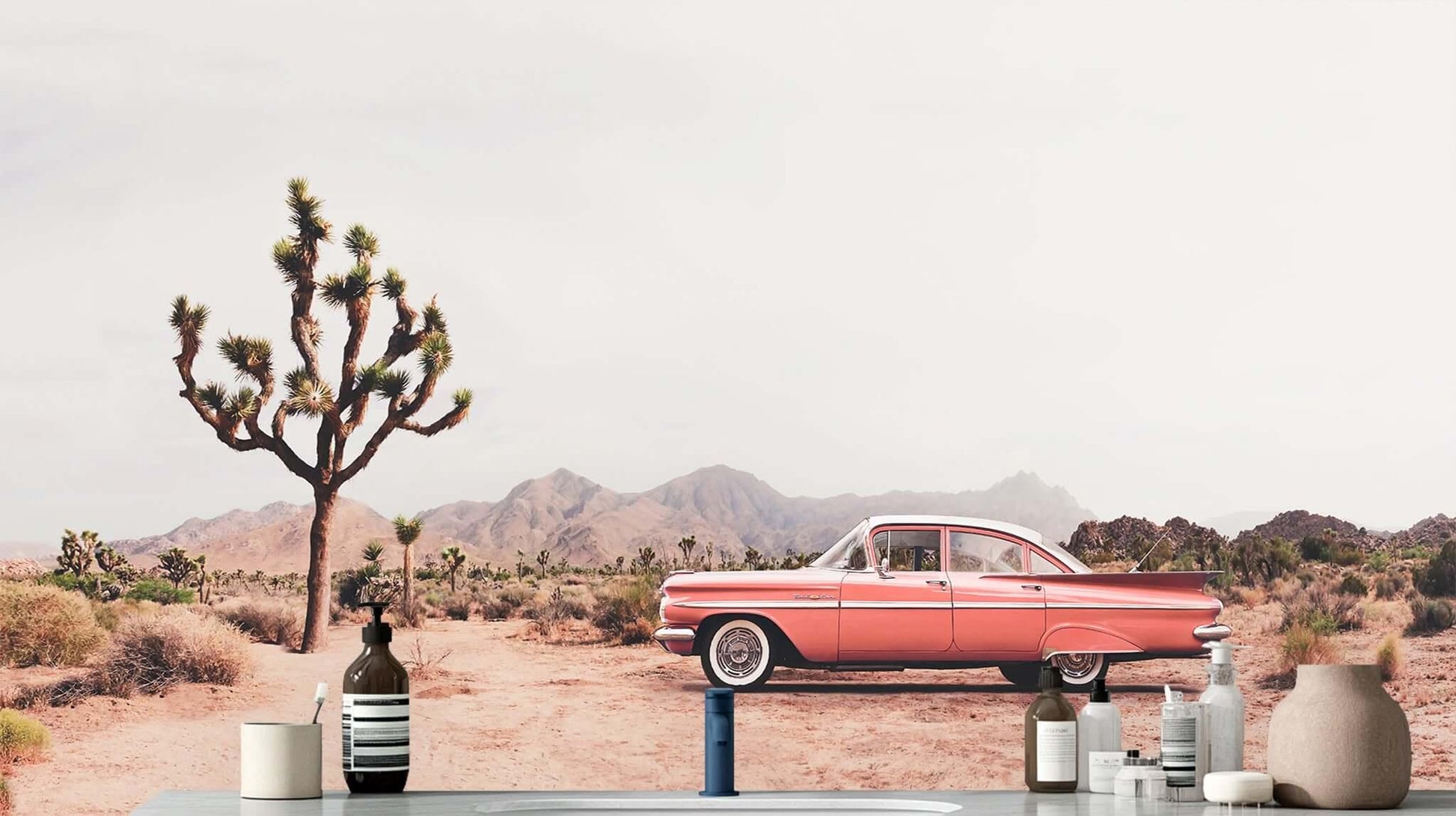 Vintage Pink Car Under Joshua Trees wall mural - XWALLX
