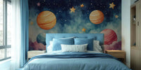 Galaxy and planets astronomy wallpaper mural for a kids room wall