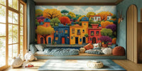 Bright storybook town wallpaper mural for a children’s playroom wall