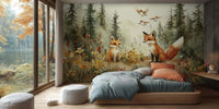 Soft woodland animal wallpaper mural for a calm nursery wall