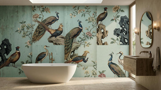 Chinoiserie Aqua wallpaper for Bathroom
