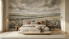 Muted meadow landscape wallpaper mural for a relaxing bedroom wall
