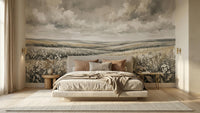 Muted meadow landscape wallpaper mural for a relaxing bedroom wall