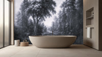 Black monochrome forest wallpaper mural with misty depth
