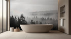 Black monochrome forest wallpaper mural with misty depth