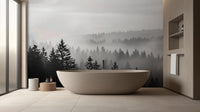 Black monochrome forest wallpaper mural with misty depth