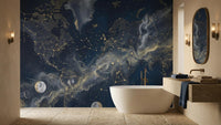 Dark blue astronomy night sky wallpaper mural for a contemporary bathroom