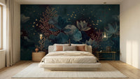 dark Celestial botanicals cool wallpaper mural for a bedroom feature wall