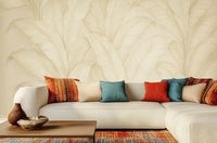 Beige botanical muted gray wallpaper mural with pearl soft neutral leaf details