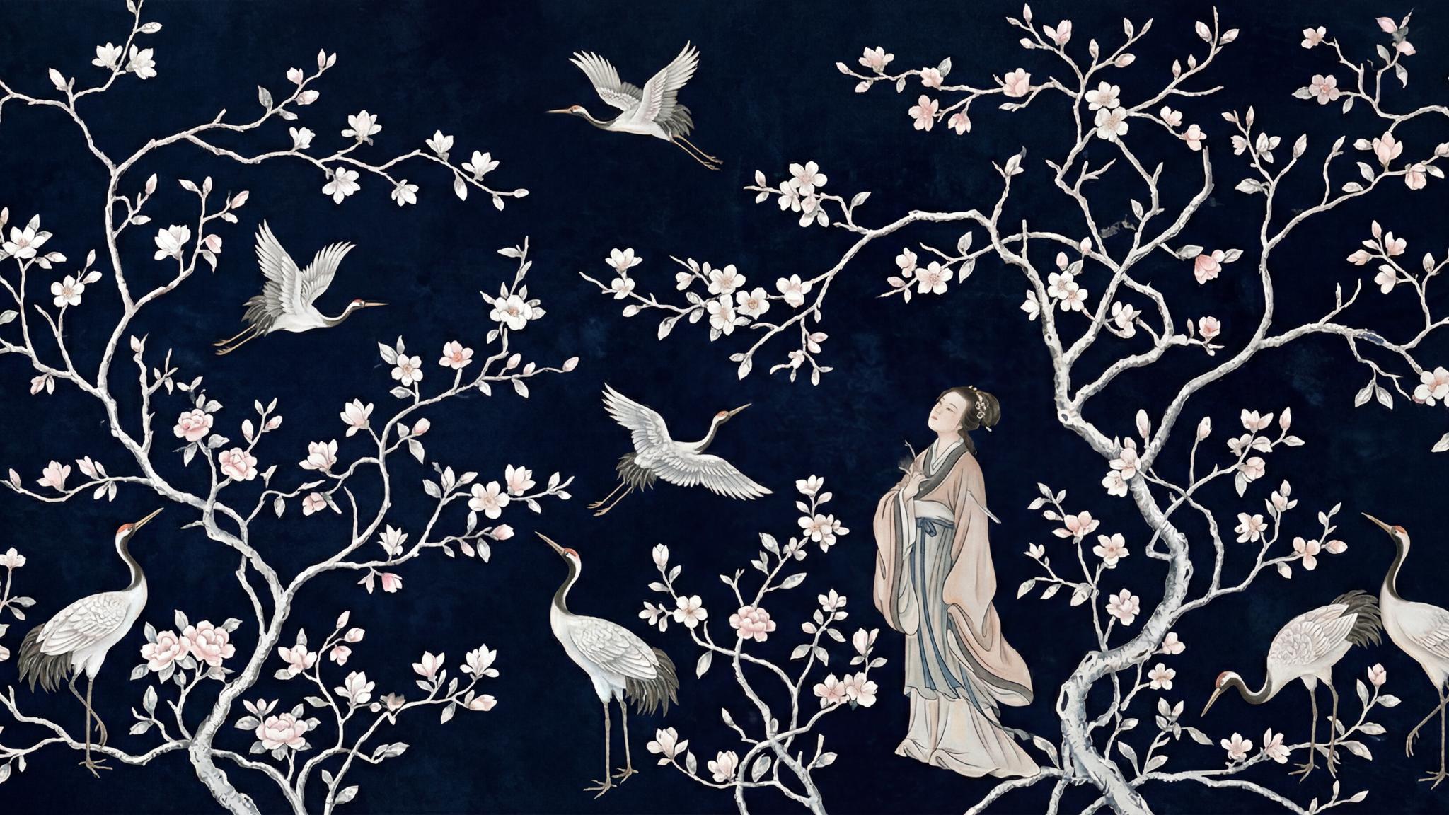 Serene Crane and Blossom Wallpaper