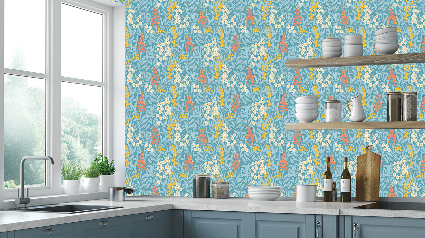 Teal Botanical Bloom wall mural Mural wall art - XWALLX