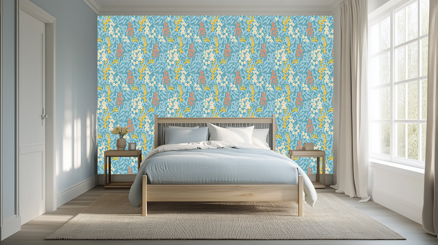Teal Botanical Bloom wall mural Mural wallpaper mural - XWALLX