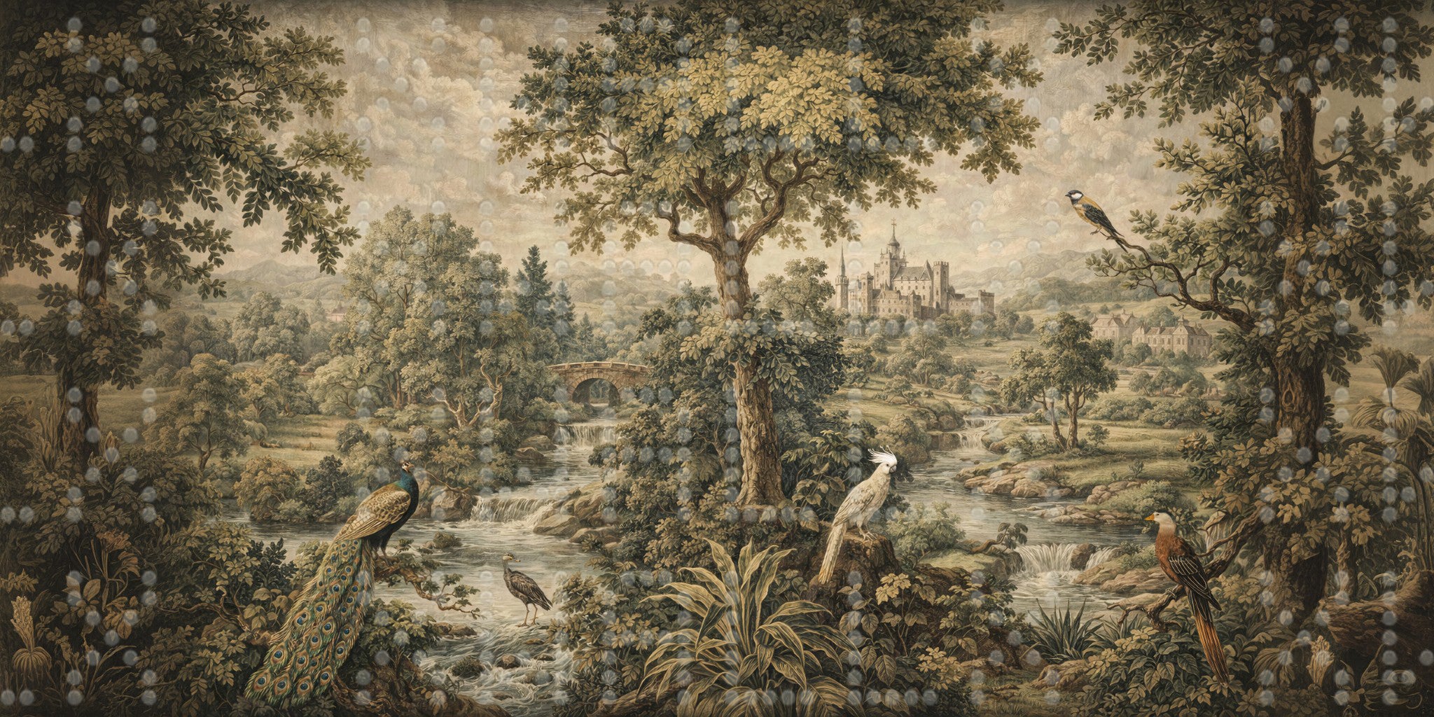 Rustic Landscape with Exotic Birds Wallpaper