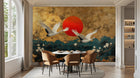 Golden Crane Dance yellow wallpaper for a dining room feature wall