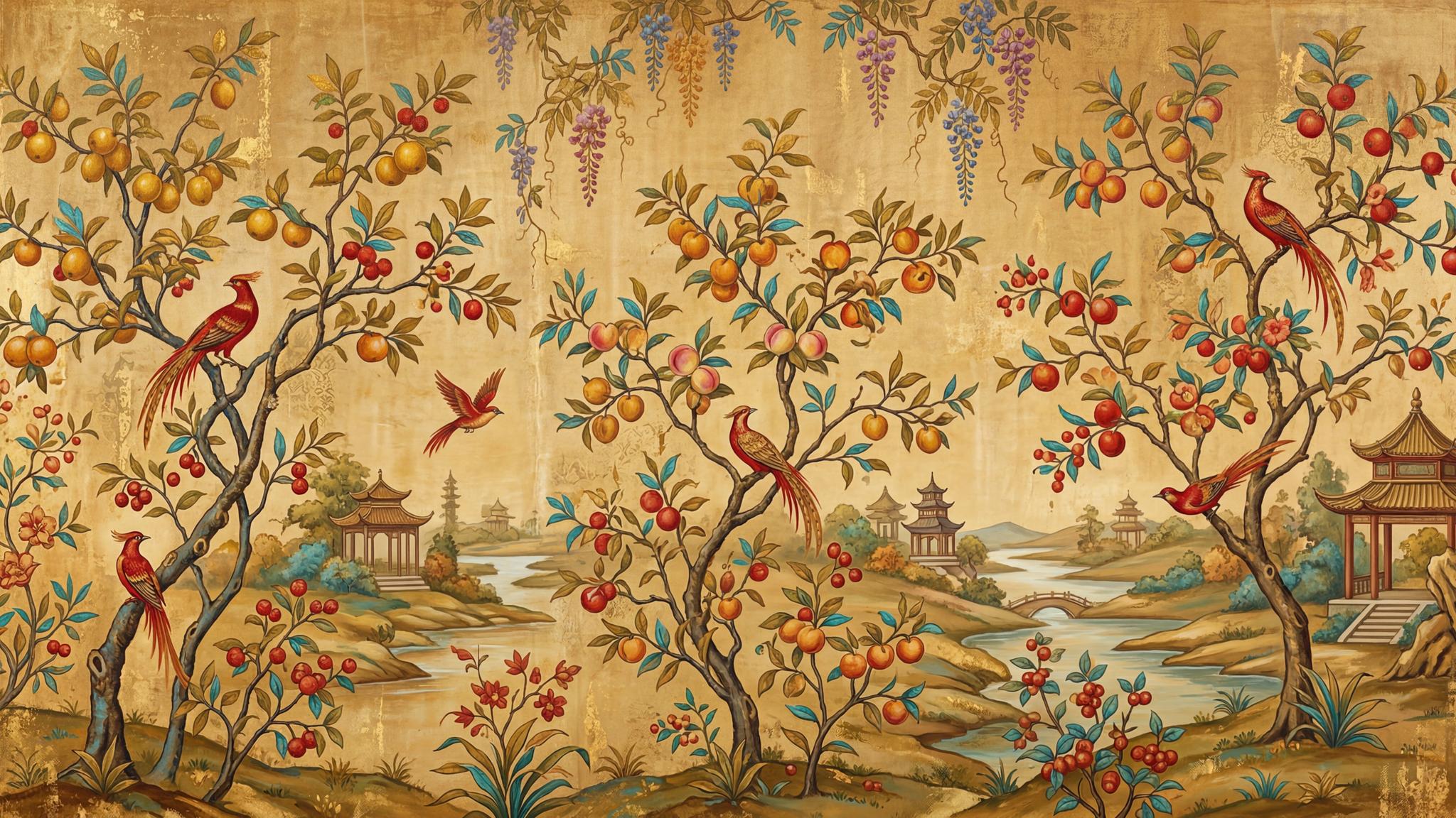 Ornate Red Bird and Citrus Wallpaper