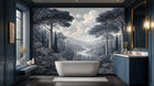 Black monochrome forest wallpaper mural with misty depth