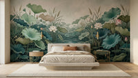 Serene lotus pond wallpaper mural for a serene bedroom feature wall