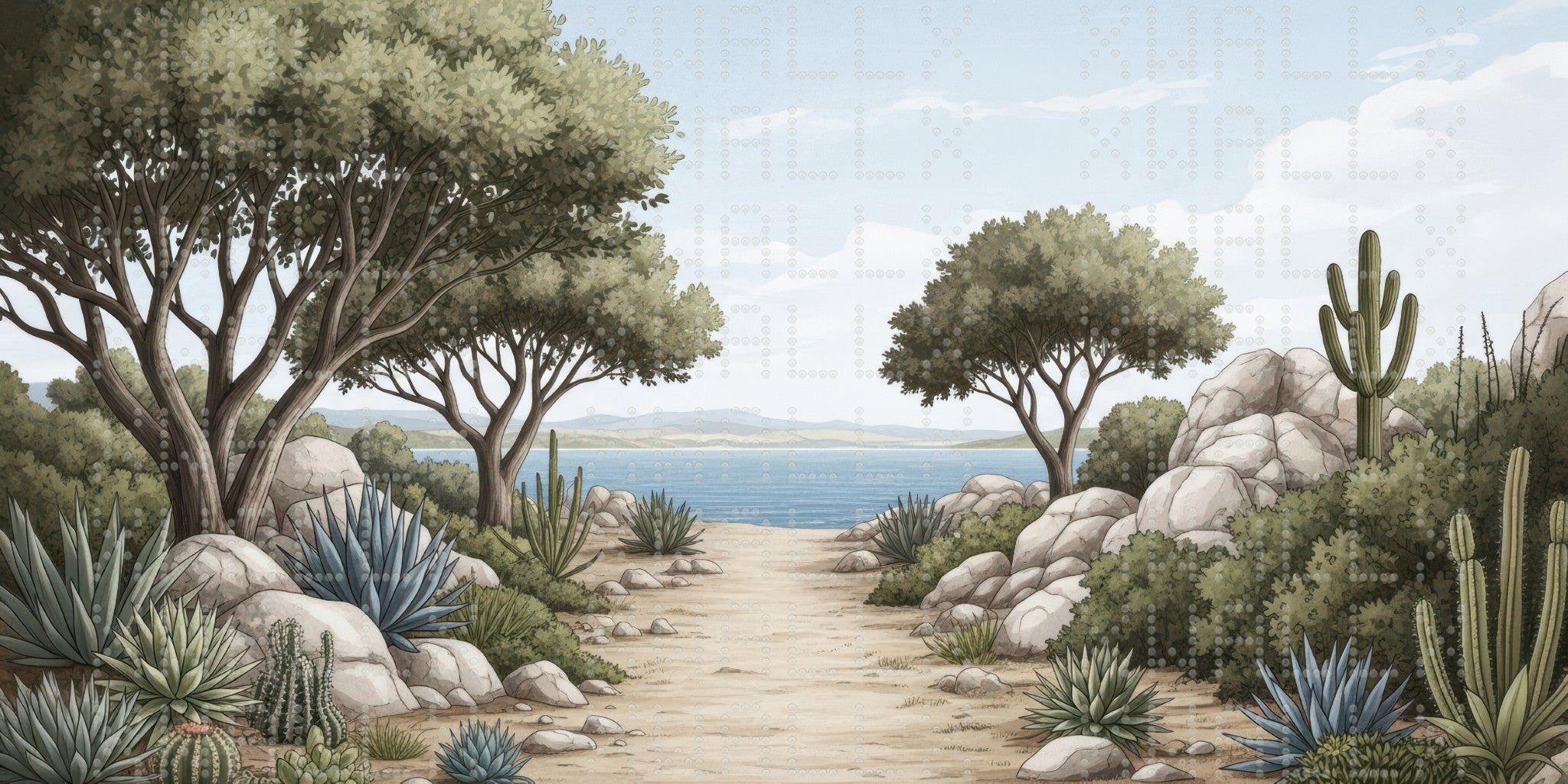 Coastal Pathway with Lush Foliage Wallpaper