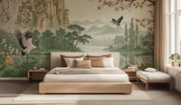 serene Crane Landscape wallpaper for a hotel lobby or guest room wall