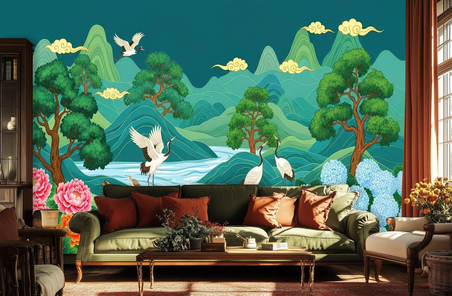 Traditional Green wallpaper for Living Room
