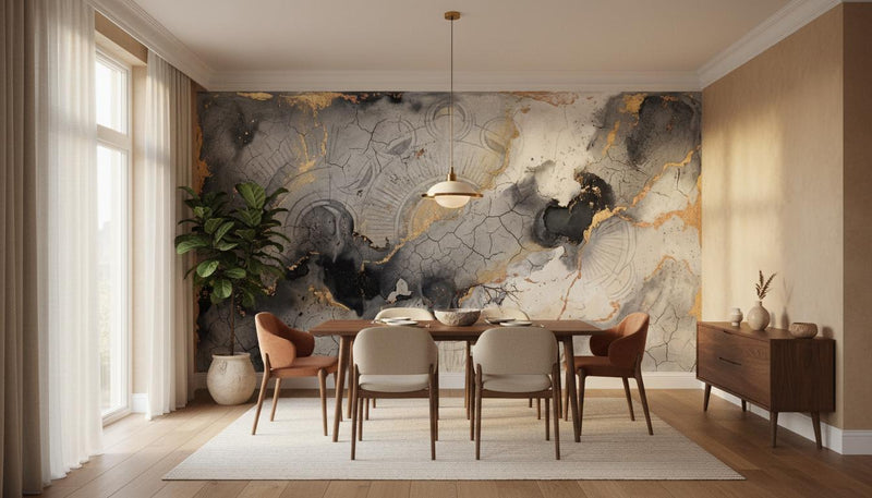 Cracked copper and Gold wallpaper for a dining room feature wall