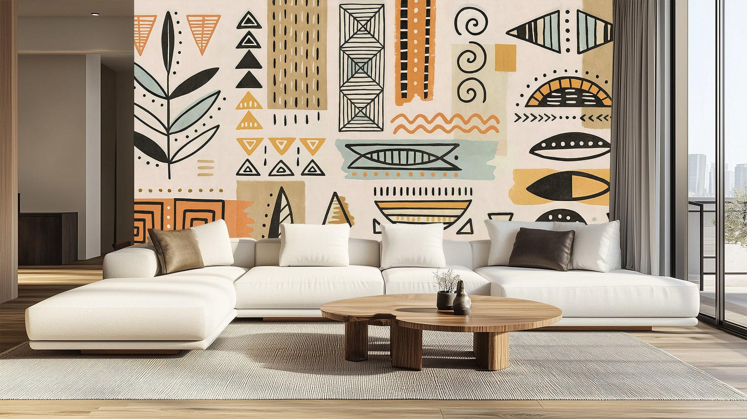 earthy Geometric Pattern orange wallpaper mural for a living room feature wall