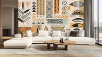 earthy Geometric Pattern orange wallpaper mural for a living room feature wall