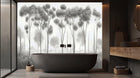 black and white forest silhouette gray wallpaper mural with mnoochrome depth