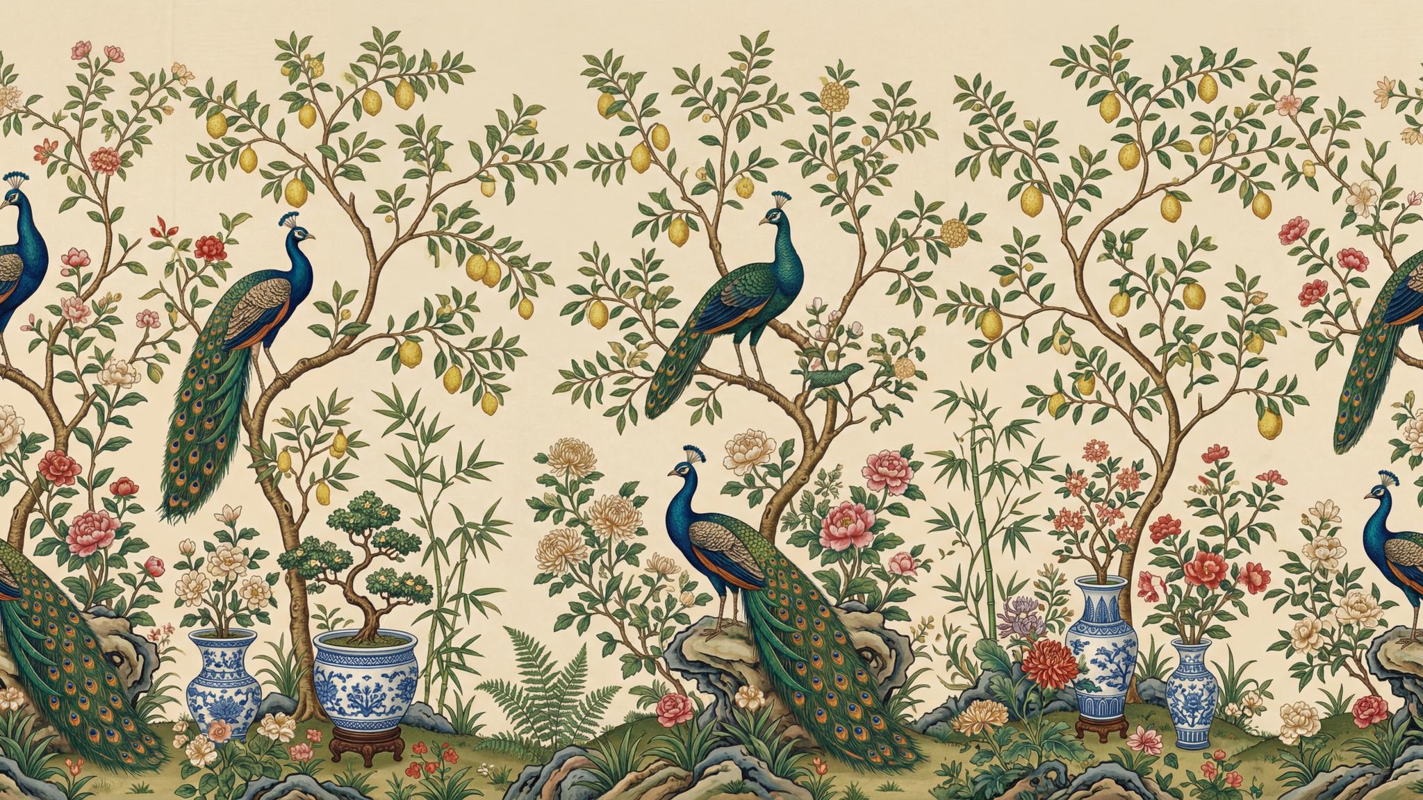 Peacock Tree with Lemons Wallpaper