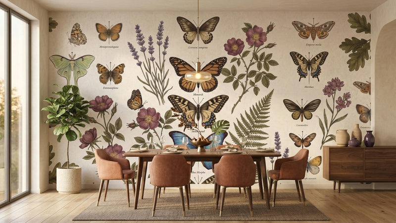 Vibrant Butterfly and Floral wallpaper for a dining room feature wall