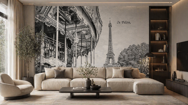 Black and white Paris wallpaper with a carousel, Eiffel Tower, and "Je t'aime" in a modern living room.