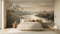 Serene riverbank landscape wallpaper mural for a relaxing bedroom wall