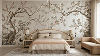 Chinoiserie crane and blossom wallpaper mural for a romantic bedroom wall
