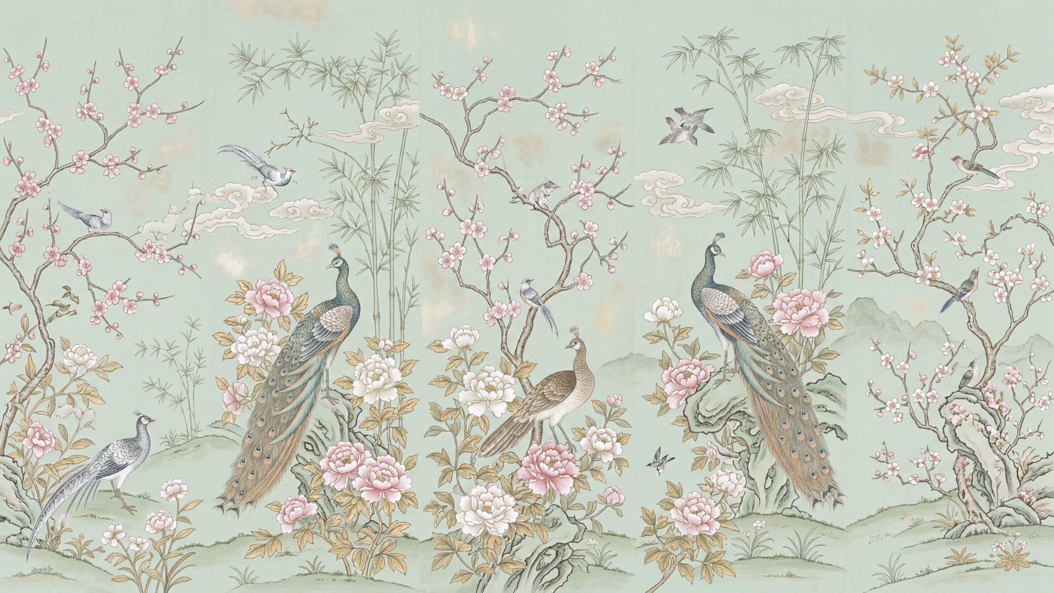 Serene Peacocks on Aqua Wallpaper