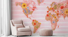 Soft floral world map wallpaper for a nursery wall