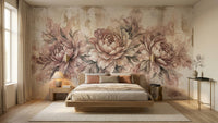 Blush peony floral wallpaper mural for a romantic bedroom wall
