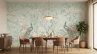 Serene Peacocks on Aqua wallpaper for a dining room feature wall