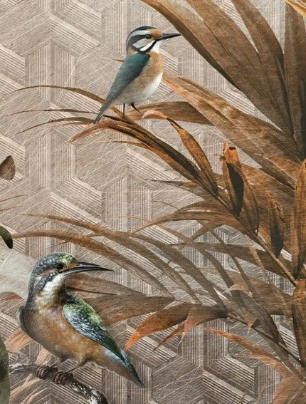 Illustration of two birds and flowers with a geometric patterned background