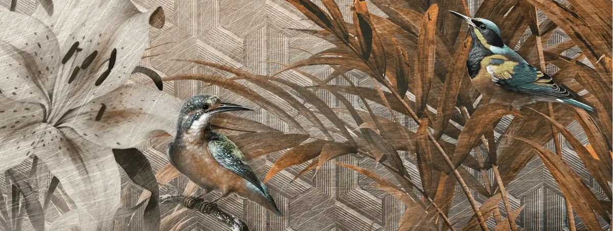Illustration of two birds and flowers with a geometric patterned background