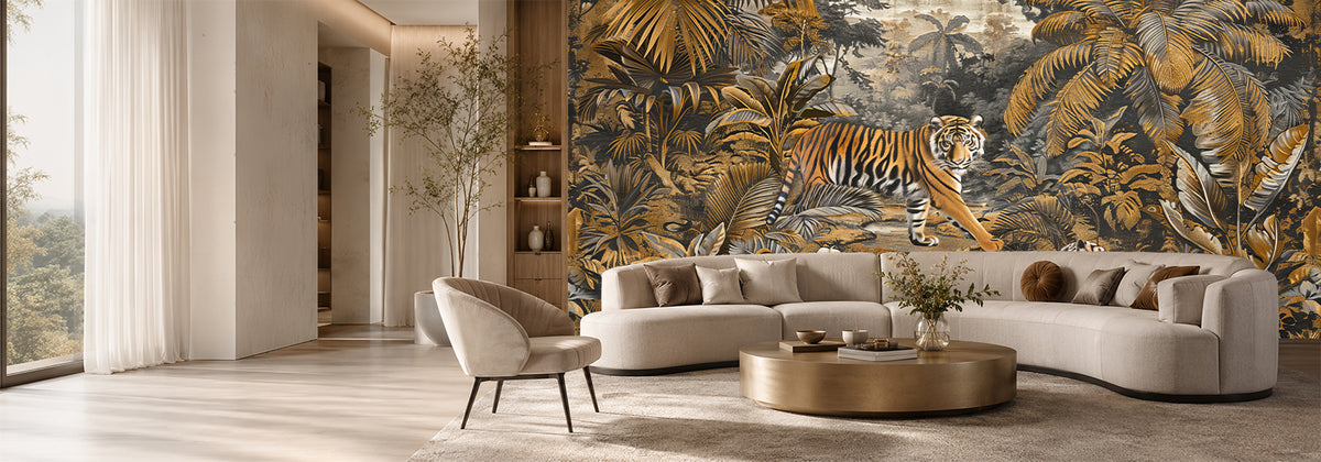 Wallpaper design with two birds and flowers with a geometric patterned background